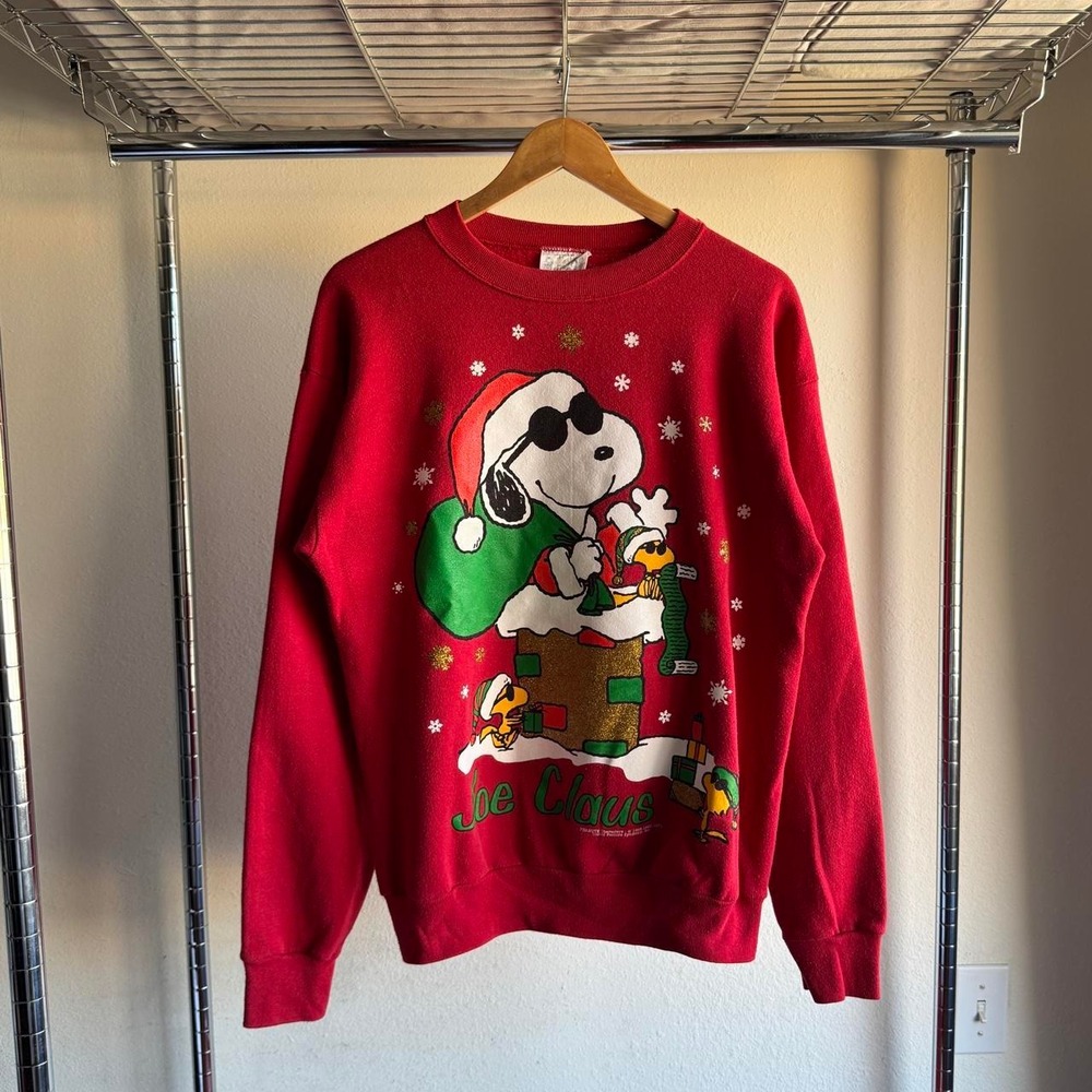 Vintage Peanuts Joe Claus Snoopy Christmas Crewneck Sweatshirt Red Large 90s